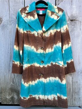 Anne Klein silk turquoise brown cream striped color block tie dye trench coat
